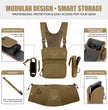 Modular brown Moxule binocular chest bag with rangefinder pocket, main binocular compartment, detachable gloves, and cell phone/GPS pocket for storing hunting gear.