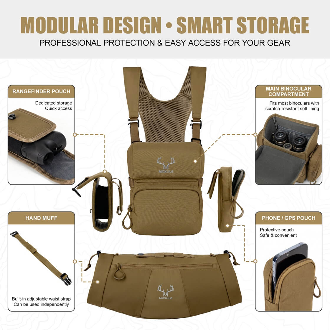 Modular brown Moxule binocular chest bag with rangefinder pocket, main binocular compartment, detachable gloves, and cell phone/GPS pocket for storing hunting gear.