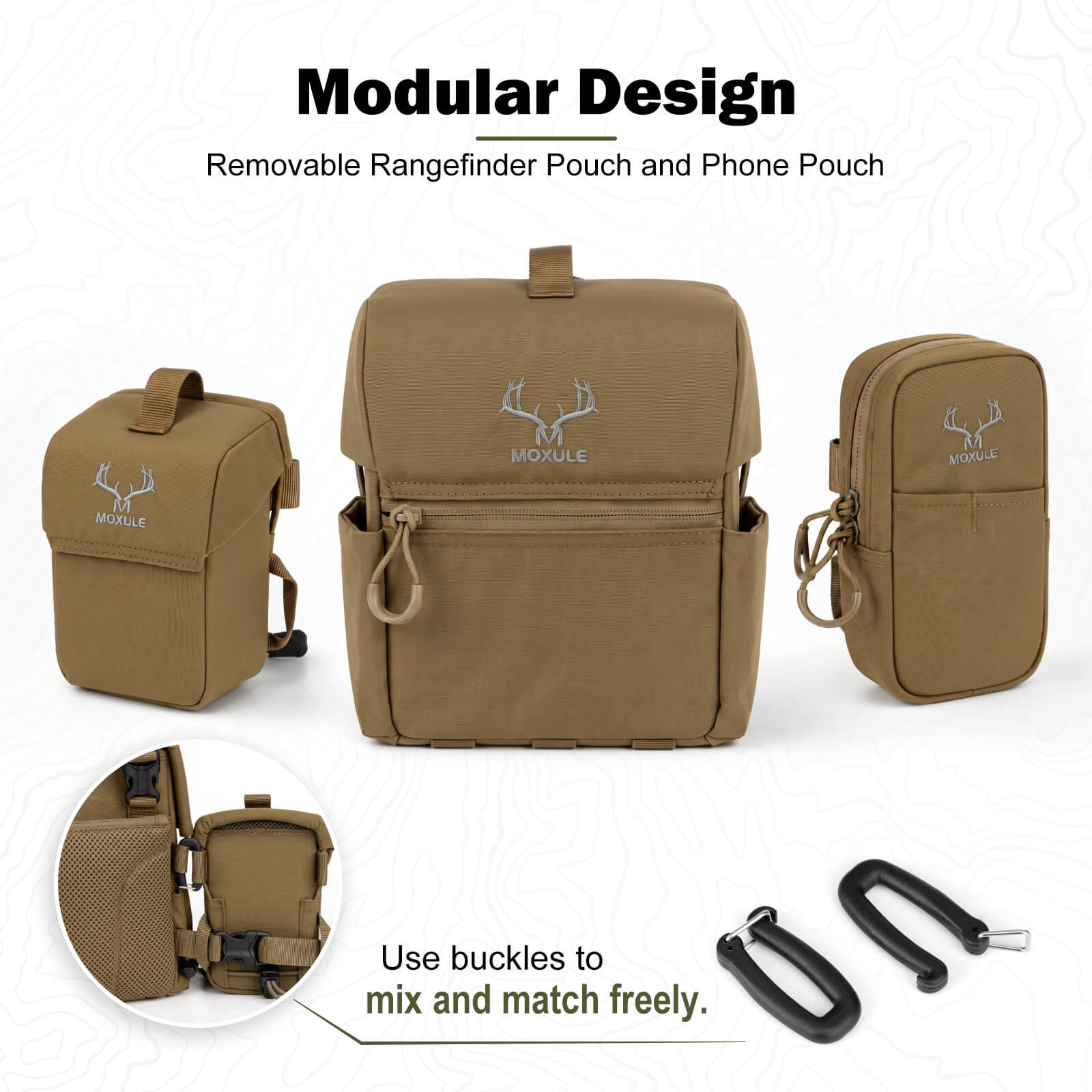 Coyote brown Moxule modular bino harness, removable rangefinder pouch and phone pouch, mix-and-match hunting gear