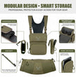 The modular green Moxule binocular chest bag features a rangefinder pocket, a scratch-resistant binocular compartment, a detachable glove compartment, and a cell phone/GPS pocket, providing intelligent storage for hunting gear.