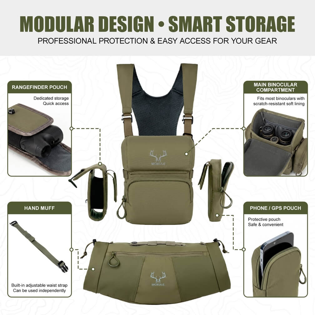 The modular green Moxule binocular chest bag features a rangefinder pocket, a scratch-resistant binocular compartment, a detachable glove compartment, and a cell phone/GPS pocket, providing intelligent storage for hunting gear.