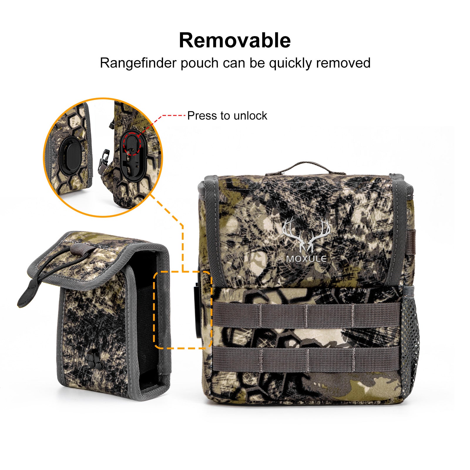 Moxule binocular chest pack with removable rangefinder pouch, press-to-unlock quick-release system, camouflage hunting gear for field use