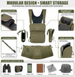 Green modular Moxule binocular harness with scratch-resistant compartments, detachable hand muff, and rain cover for all hunting gear needs.