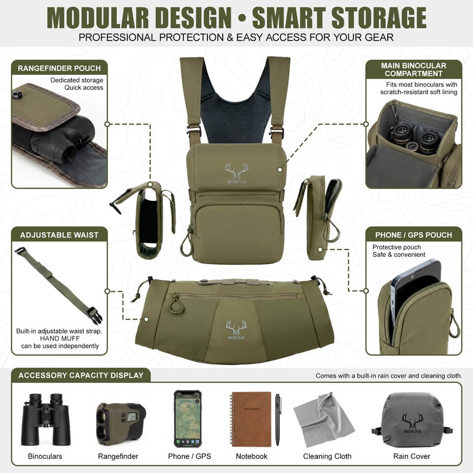 Green modular Moxule binocular harness with scratch-resistant compartments, detachable hand muff, and rain cover for all hunting gear needs.