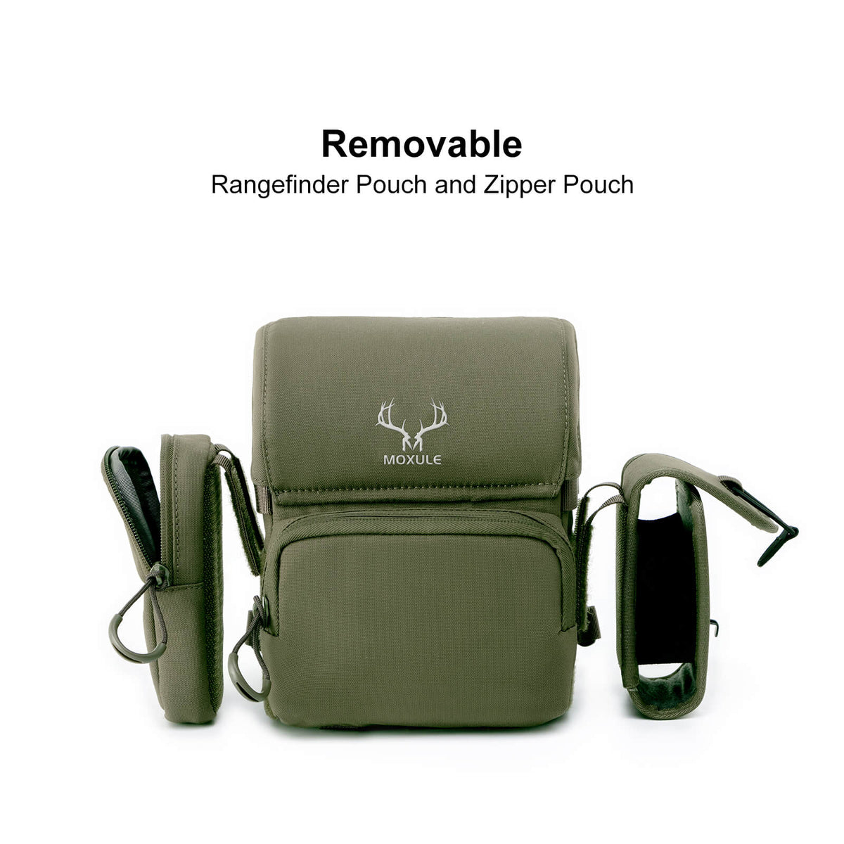 Moxule green bino harness with removable rangefinder and holster pouches for hunting
