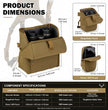 Product size chart for coyote brown Moxule modular bino harness, dimensions of binocular pack, rangefinder pouch and phone pouch for hunting