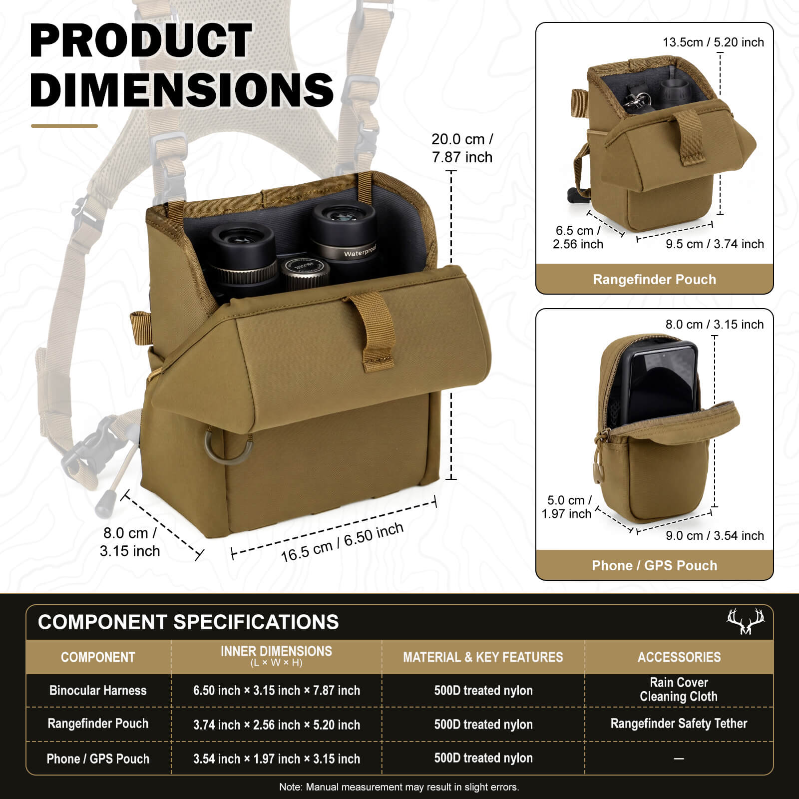 Product size chart for coyote brown Moxule modular bino harness, dimensions of binocular pack, rangefinder pouch and phone pouch for hunting