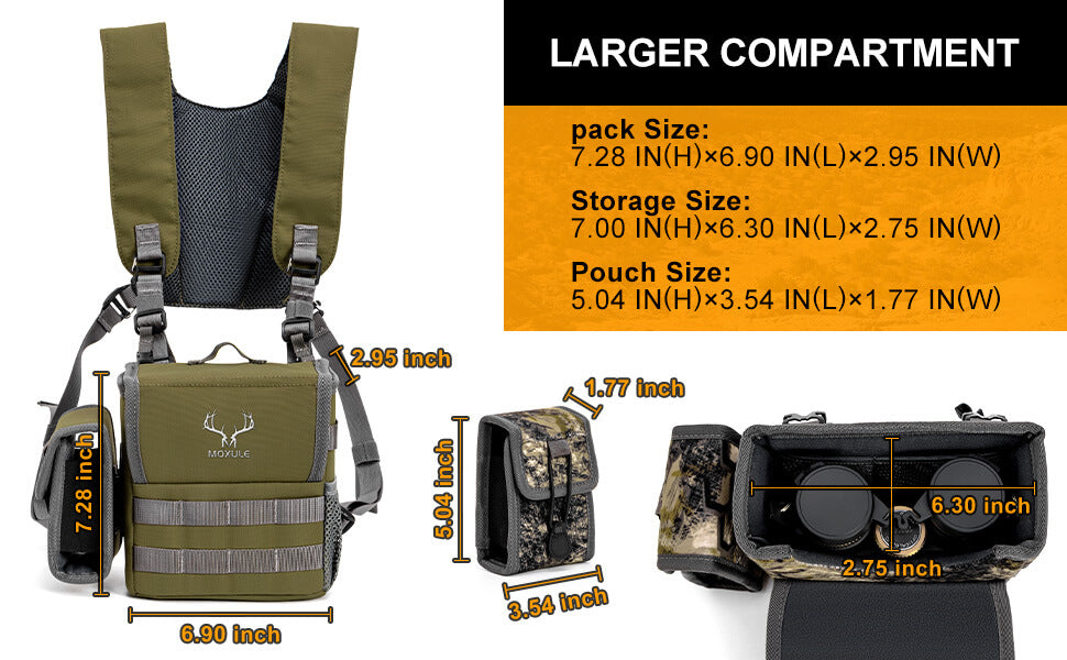 Size infographic of Moxule green binocular chest pack with large storage compartment and separate rangefinder pouch dimensions