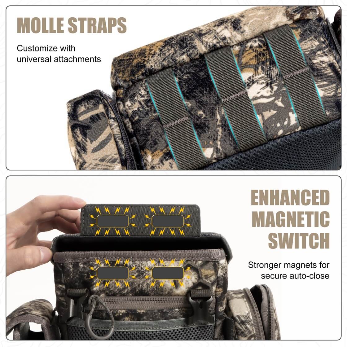 Camouflage hunting binoculars chest bag, with MOLLE webbing and magnetic swivel cover.