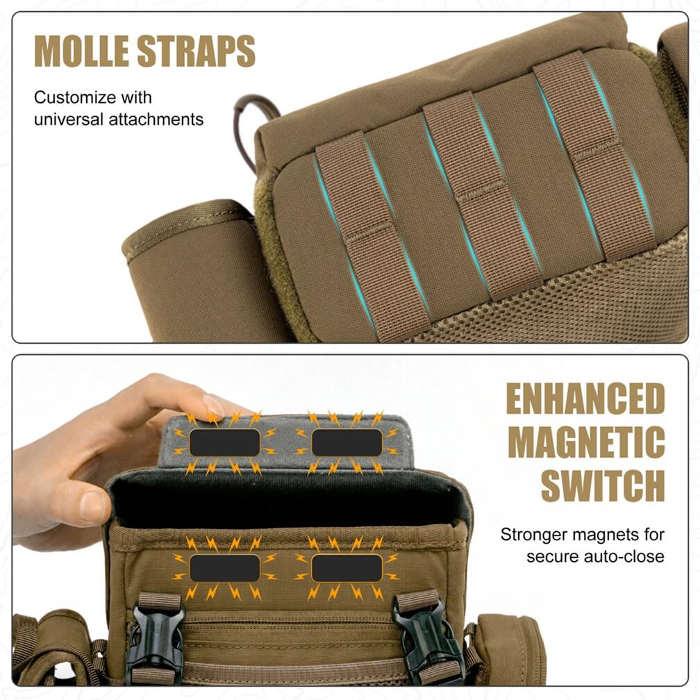 Brown hunting binoculars chest bag with custom MOLLE webbing and enhanced magnetic clasp for automatic closure.