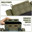 Green hunting binocular harness featuring MOLLE webbing for attachments and strong magnetic lid closure.