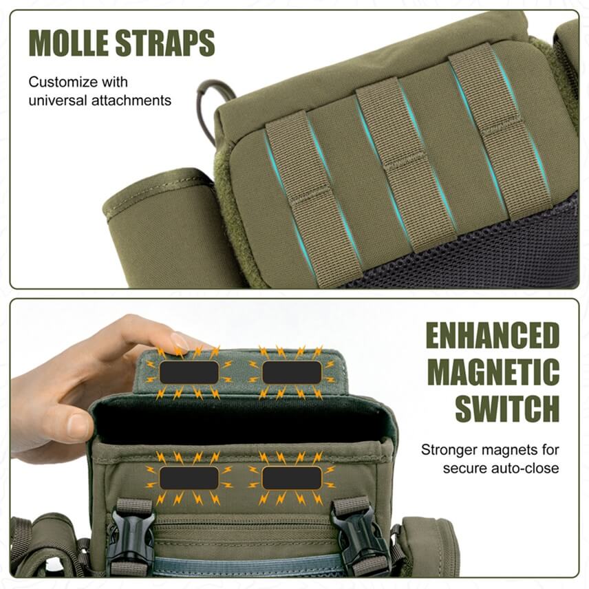 Green hunting binocular harness featuring MOLLE webbing for attachments and strong magnetic lid closure.