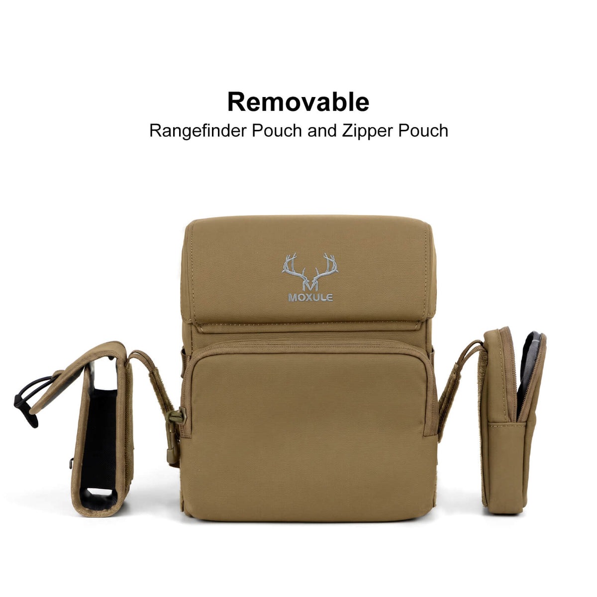 Moxule R2 Pro binocular harness with removable rangefinder pouch and zipper pouch, tan modular hunting chest pack accessories