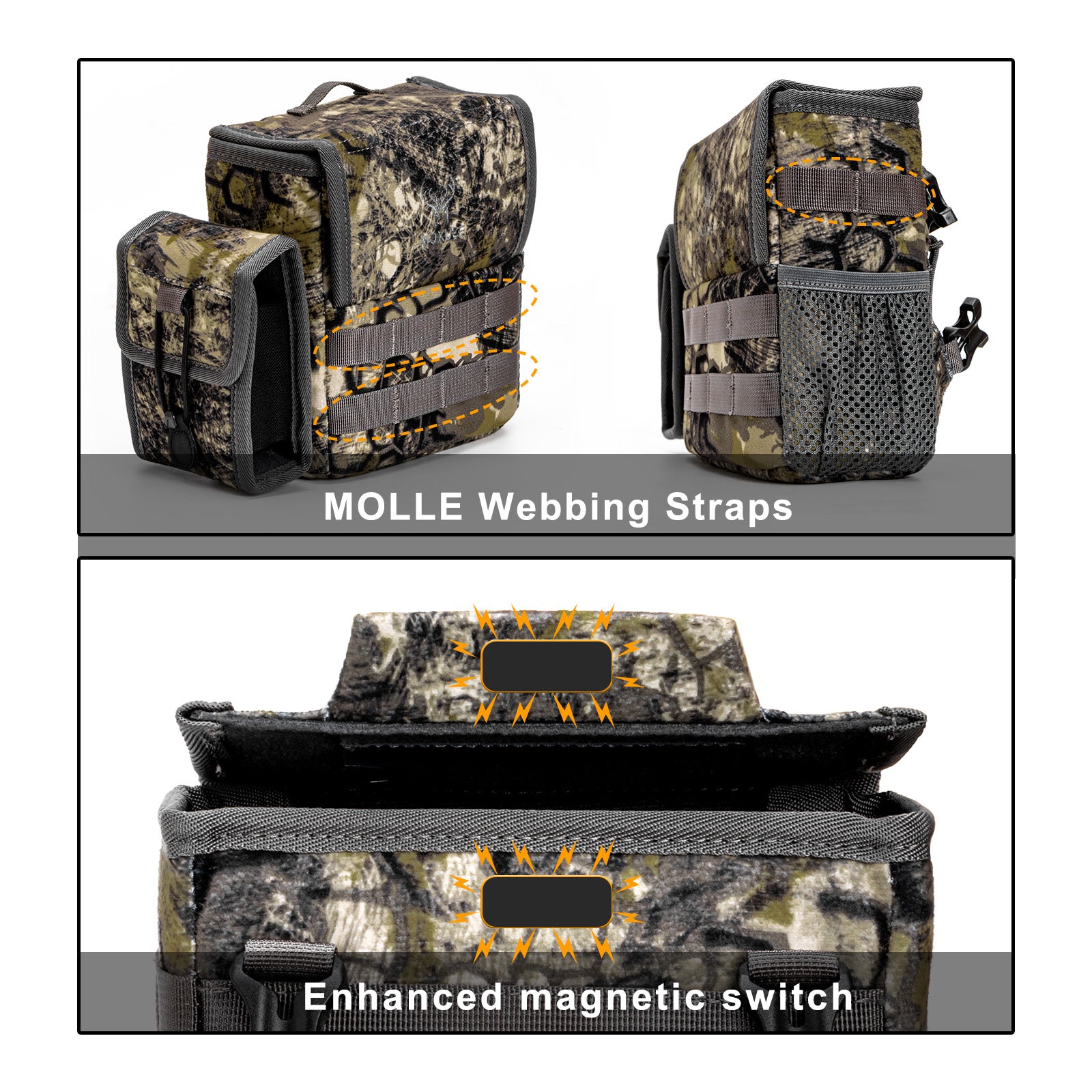 Camouflage tactical pouch with MOLLE webbing straps and enhanced magnetic switch on a gray background