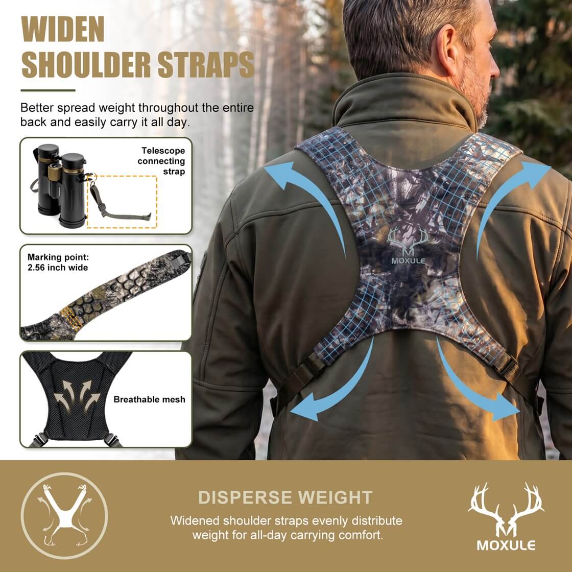 Moxule binocular chest pack showcasing widened, breathable shoulder straps for even weight distribution and all-day carrying comfort during hunting.