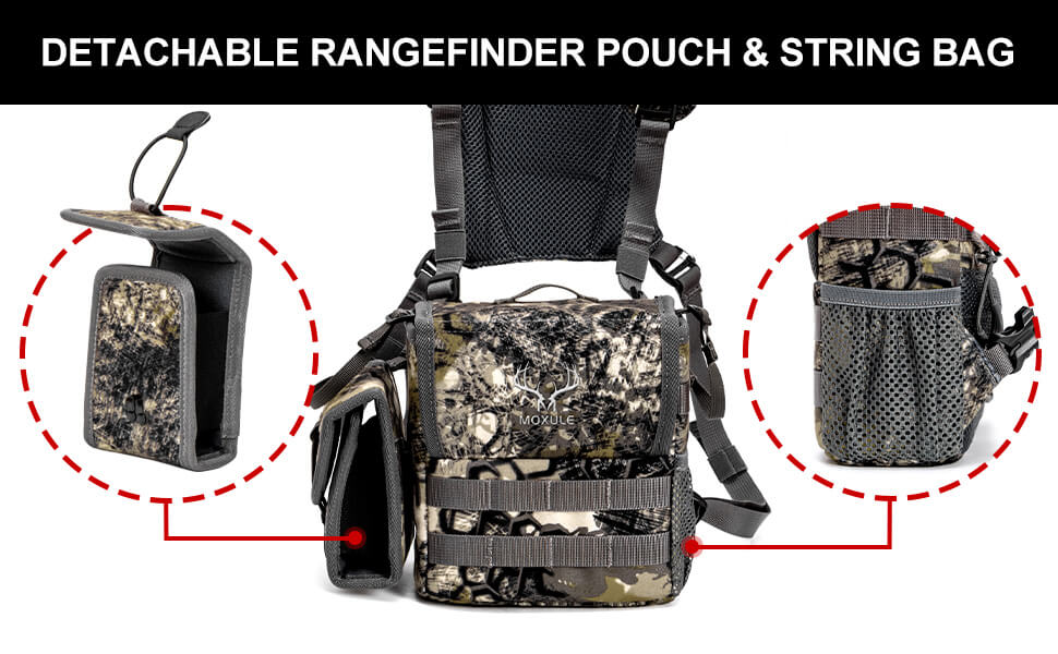 Moxule camo binocular chest pack showcasing removable rangefinder pouch and side mesh storage bag for hunting optics