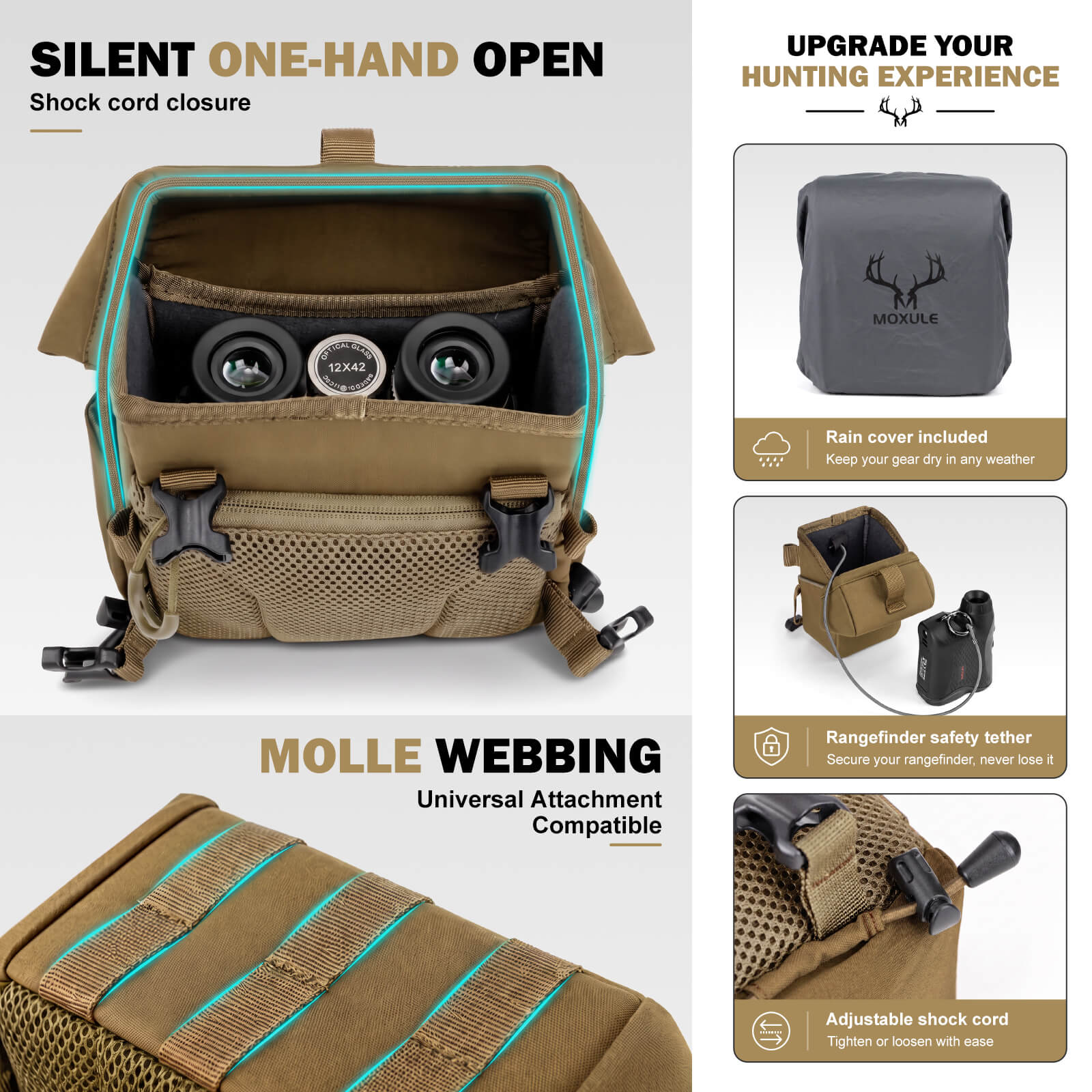 Moxule Coyote Brown Bino Harness Features: Silent One-Hand Open & MOLLE Webbing