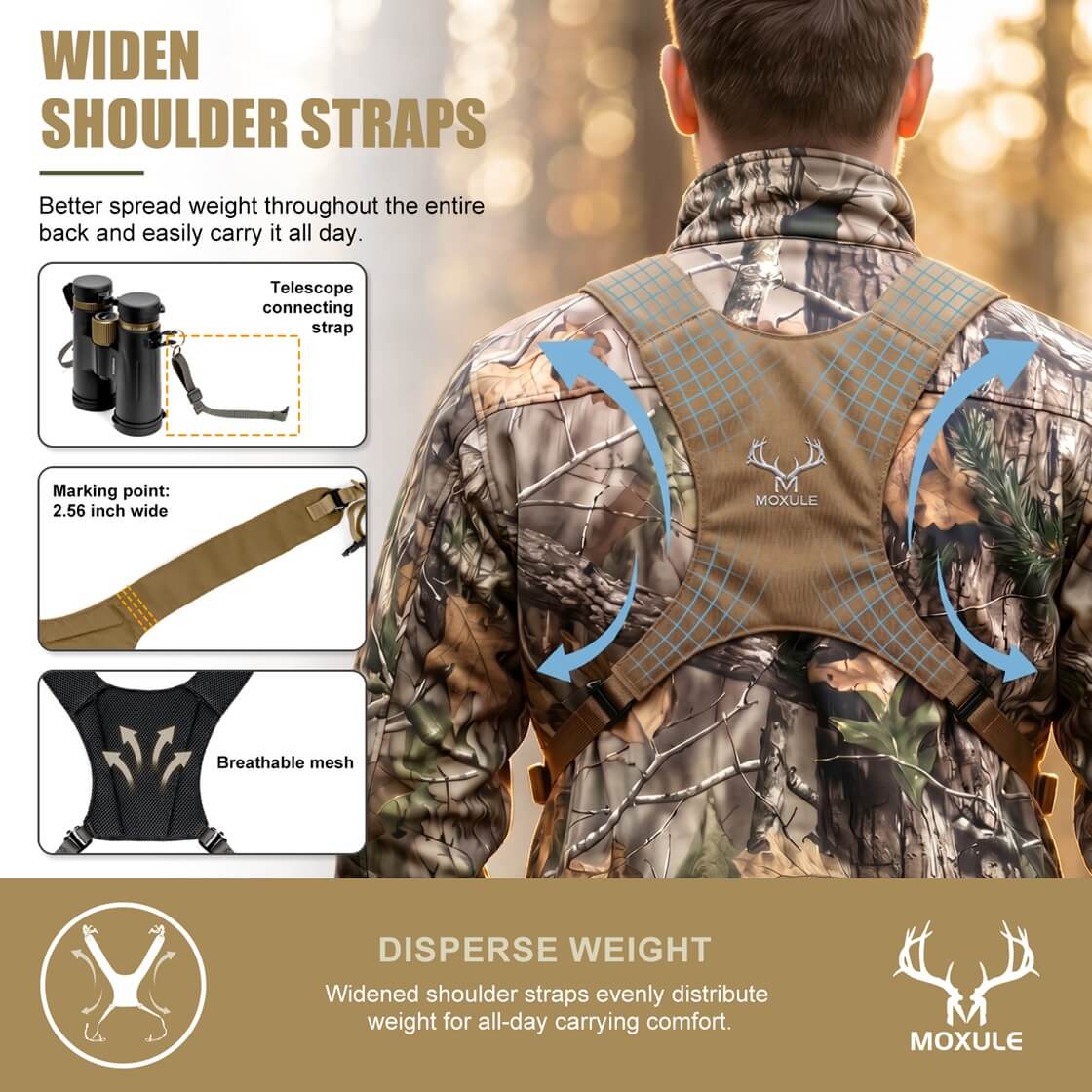 Moxule binocular chest pack with widened, breathable shoulder straps designed for even weight distribution and all-day hunting comfort.