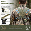 green Moxule binocular harness with widened, breathable shoulder straps for even weight distribution.