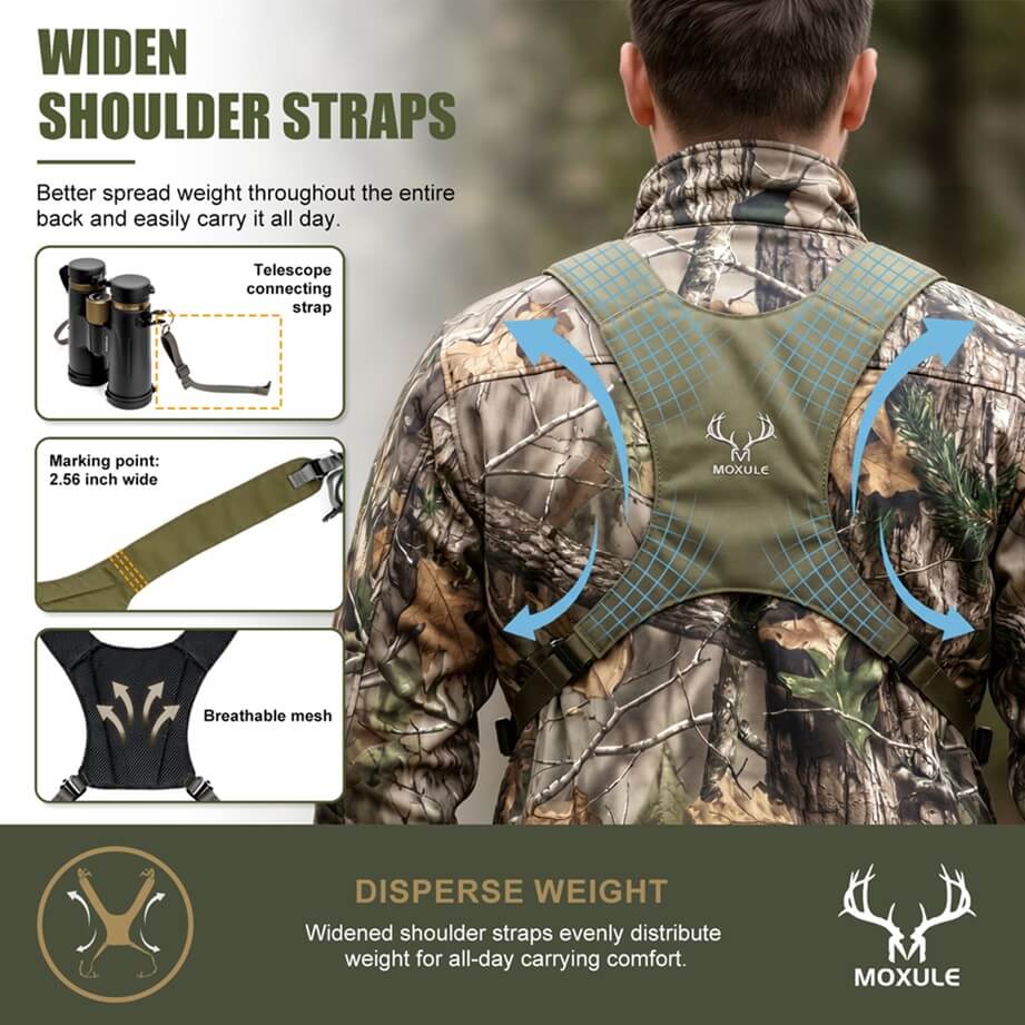 green Moxule binocular harness with widened, breathable shoulder straps for even weight distribution.