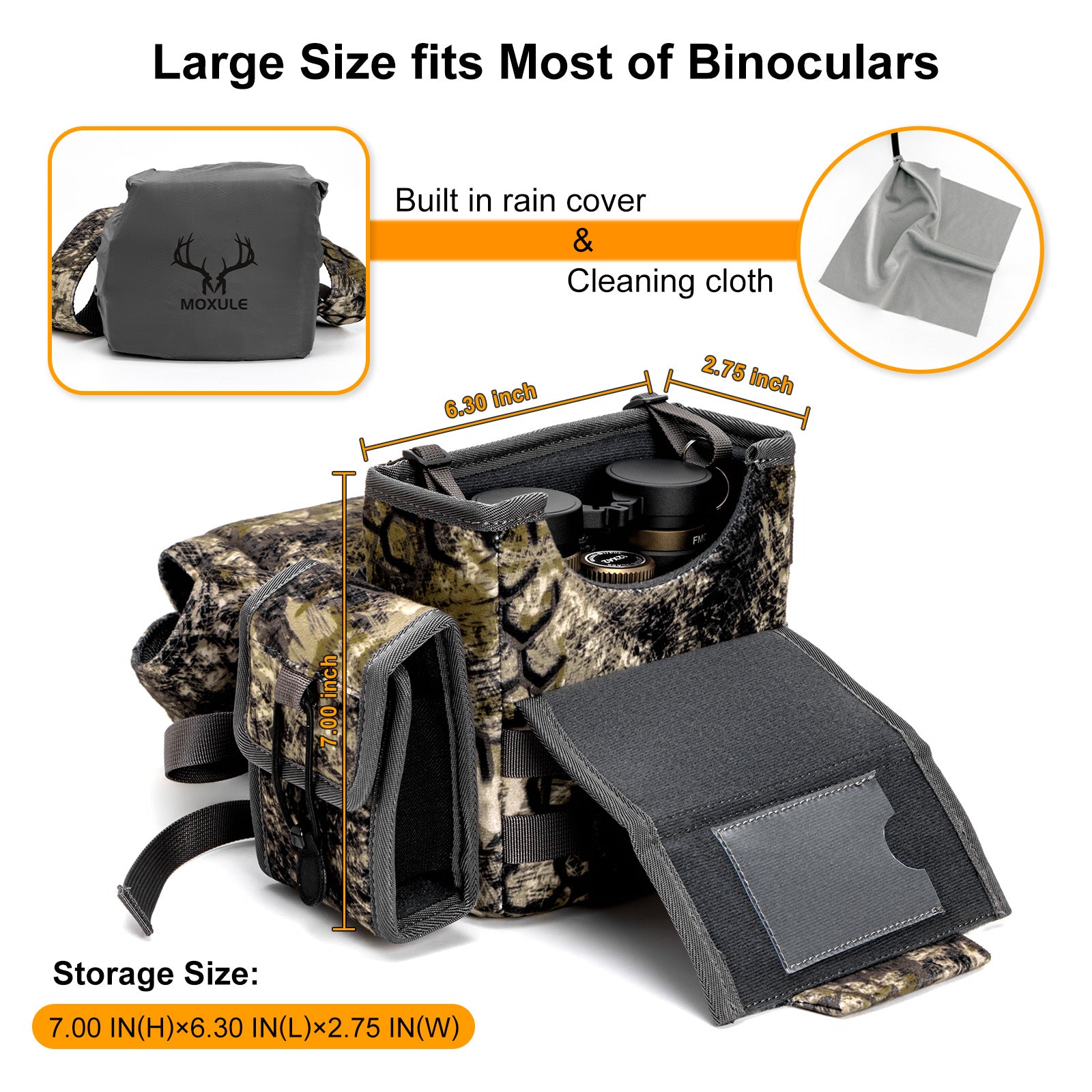 Camouflage binocular pouch with rain cover and cleaning cloth, featuring measurements and product details.