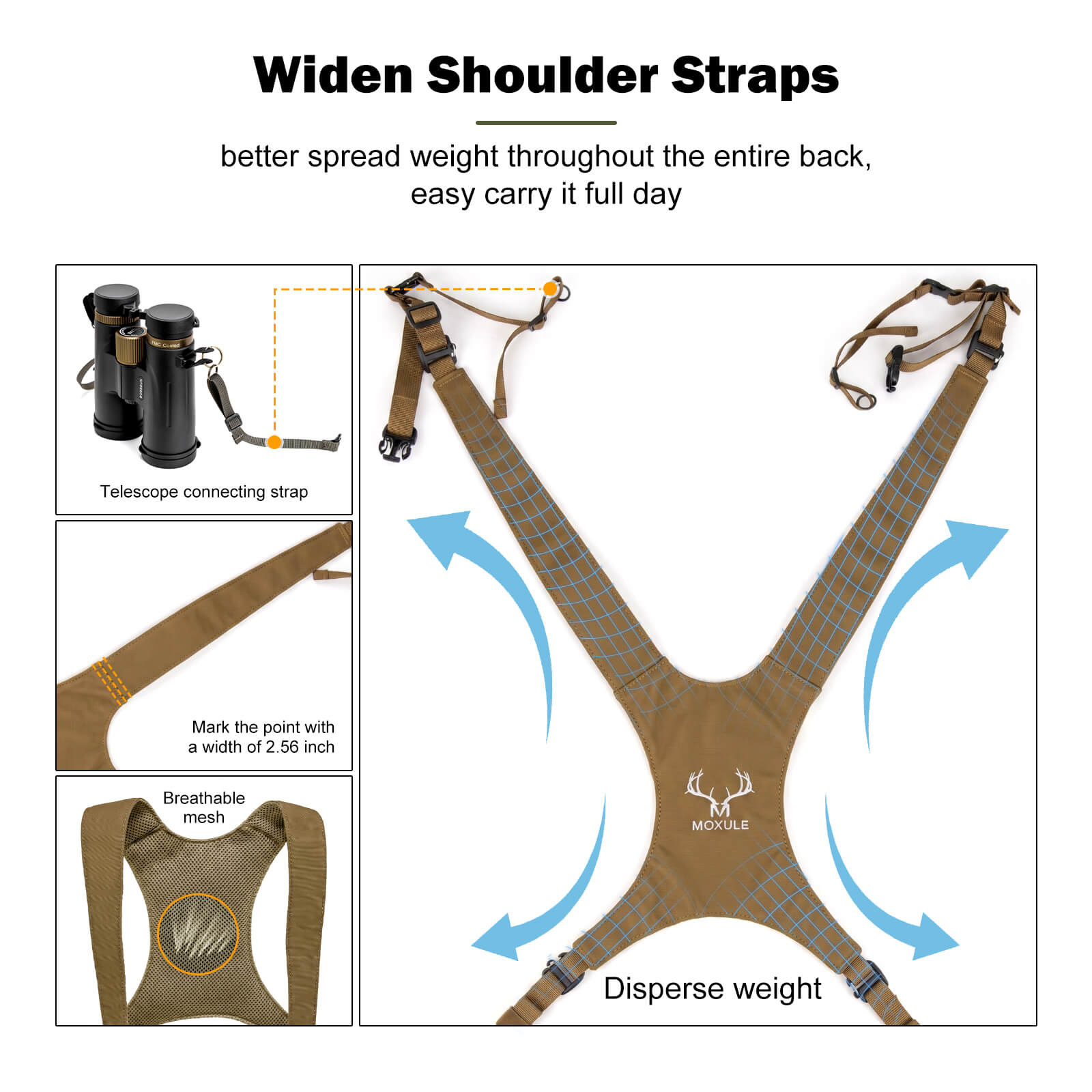 Wide breathable shoulder straps for Moxule hunting bino harness, weight dispersing design for all-day carry