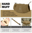 Brown Moxule hunting hand muff with sherpa fleece lining, YKK zippers, and adjustable waist belt for cold weather warmth and independent use.