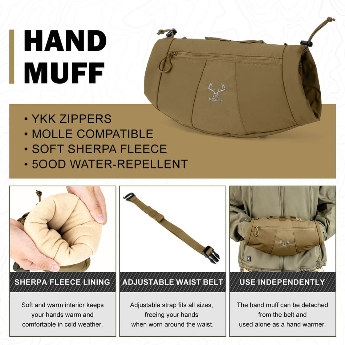 Brown Moxule hunting hand muff with sherpa fleece lining, YKK zippers, and adjustable waist belt for cold weather warmth and independent use.
