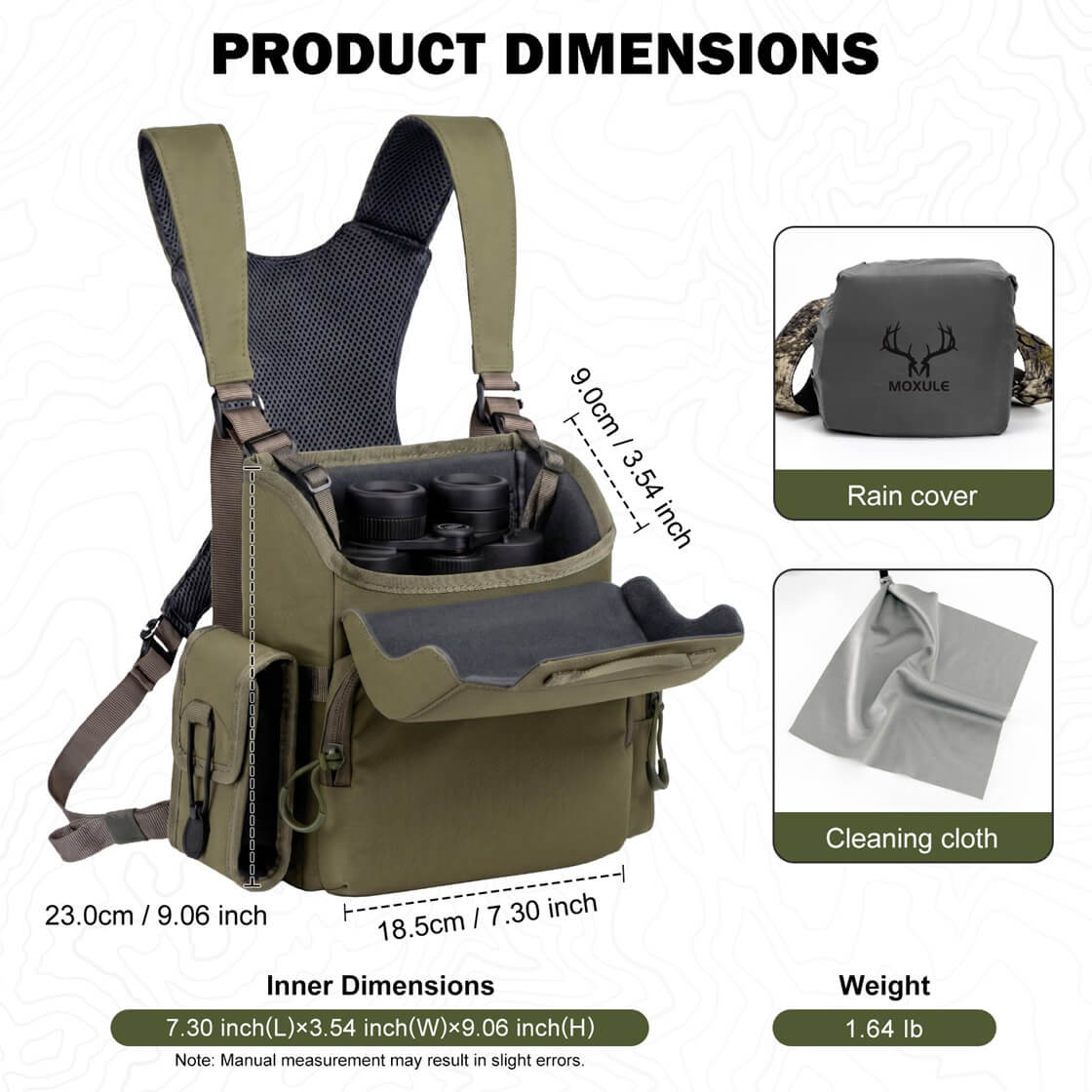MOXULE Green Binocular Harness Dimensions, Hunting Bino Bag with Rain Cover & Cleaning Cloth, Lightweight Bino Case with Adjustable Shoulder Straps