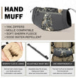 Detachable hunting hand muff with soft sherpa lining, YKK zippers, and adjustable waist belt for cold weather warmth and independent use.