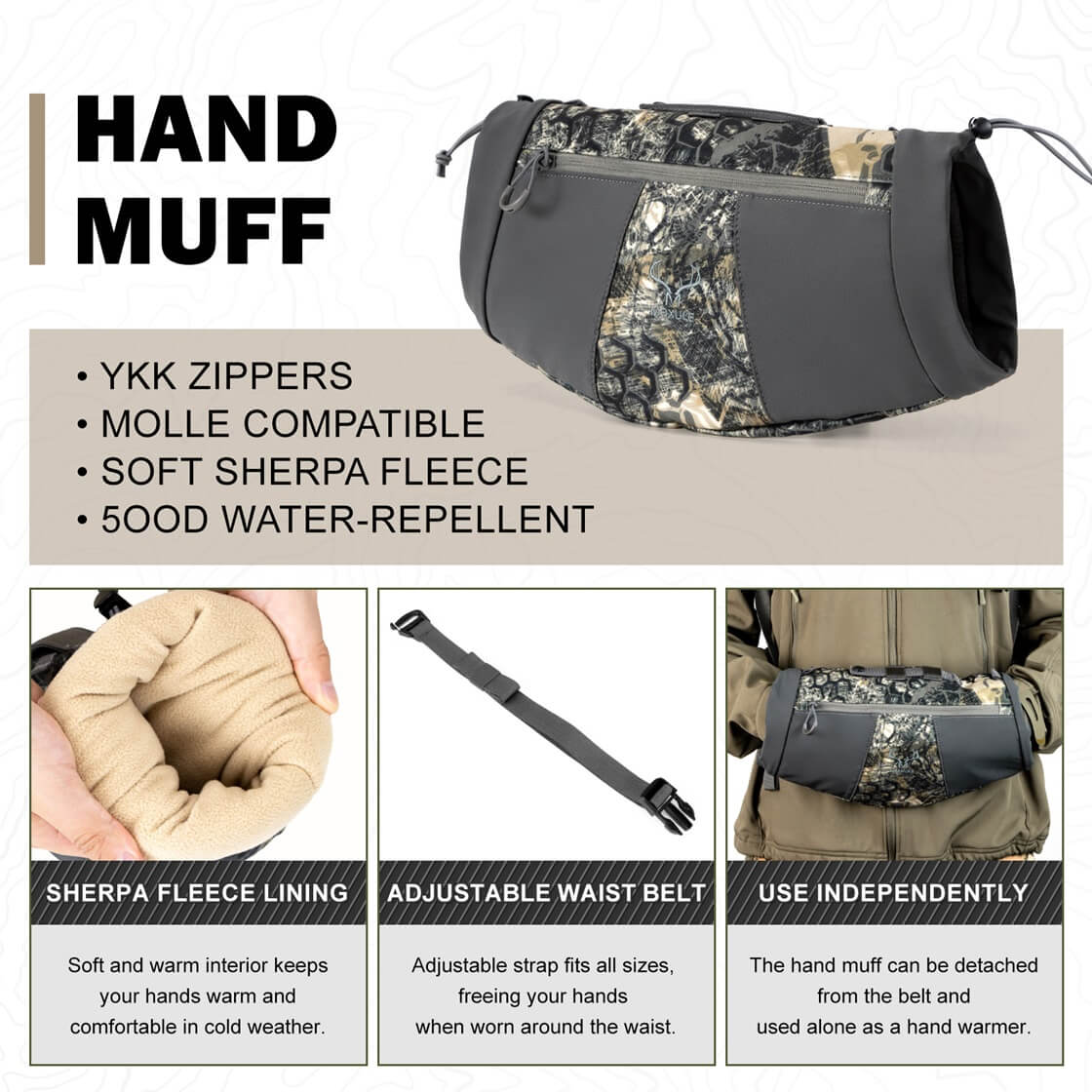 Detachable hunting hand muff with soft sherpa lining, YKK zippers, and adjustable waist belt for cold weather warmth and independent use.