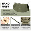 Moxule hand warmer muff feature chart, sherpa fleece lined cold‑weather hunting hand muff