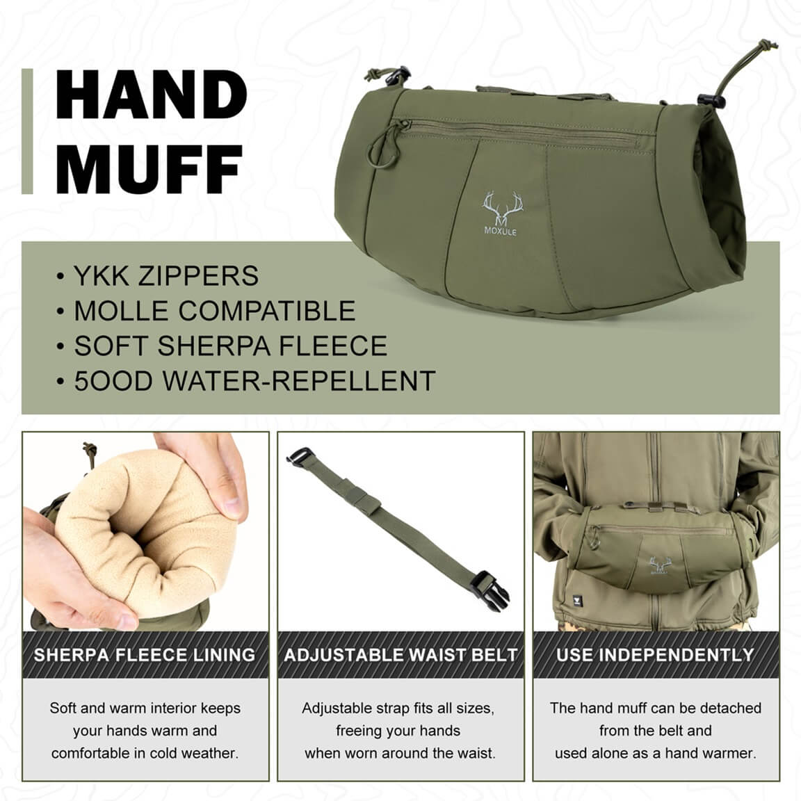 Moxule hand warmer muff feature chart, sherpa fleece lined cold‑weather hunting hand muff