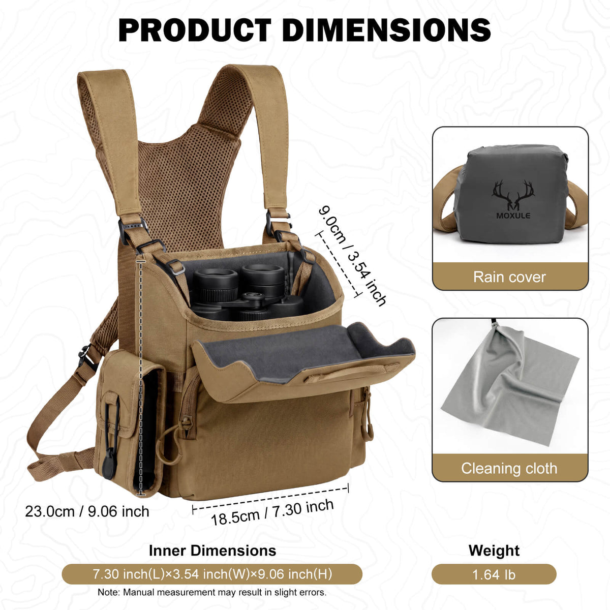 Product dimension diagram of Moxule R2 Pro binocular harness, shows inner storage measurements, total weight, included rain cover and lens cleaning cloth for hunting.