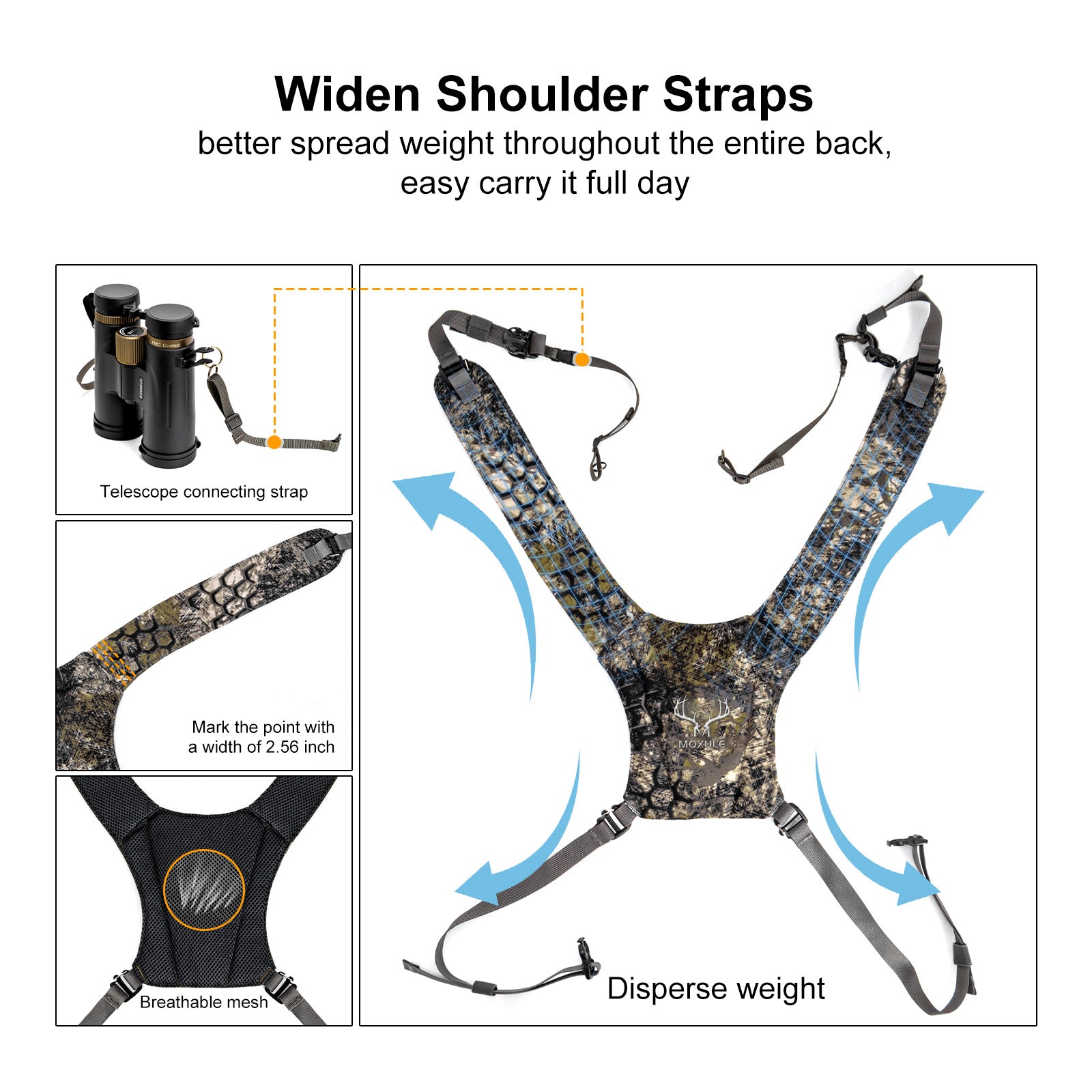Moxule binocular chest pack harness with widen shoulder straps, breathable mesh, telescope connecting strap, and weight dispersion design for all-day hunting comfort