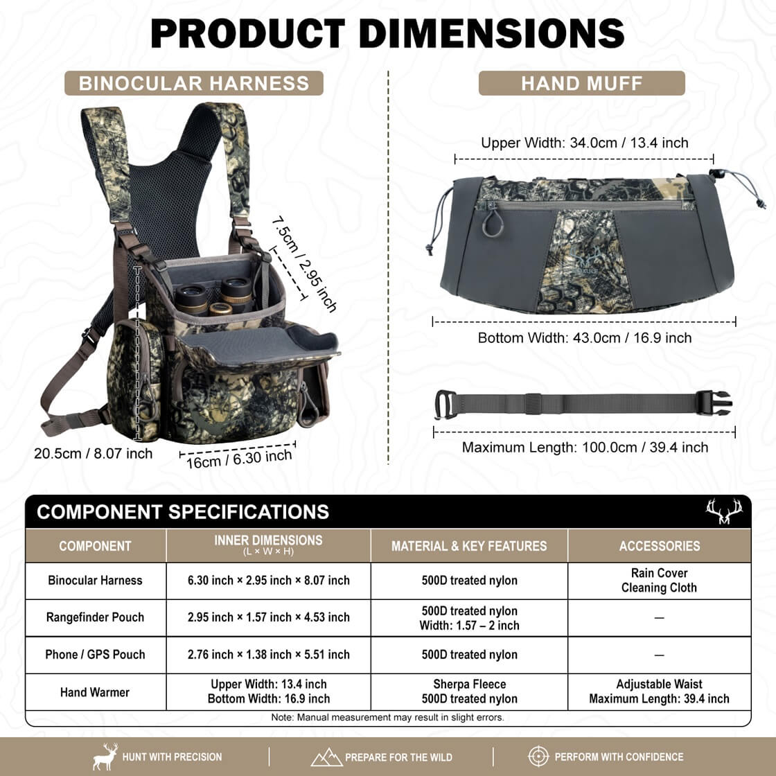 Moxule binoculars strap and glove size chart, internal dimensions, materials and accessories for hunting use.