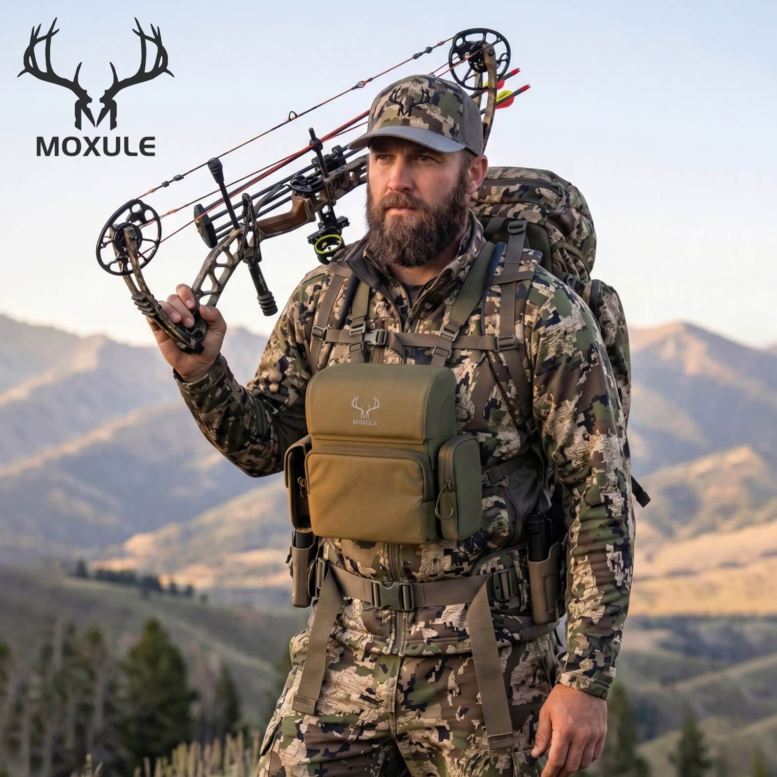 MOXULE Olive Green Hunting Chest Pack in Action, Binocular Harness for Hunters