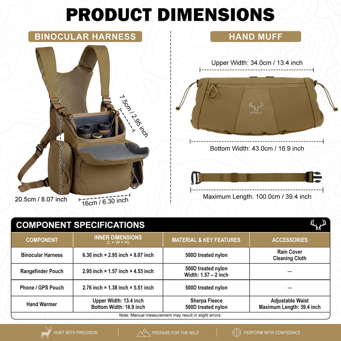 Moxule Brown Binoculars Strap and Gloves Size Chart