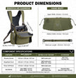 Green modular binocular chest pack dimensions and specs chart, including harness, hand muff, and accessory details for hunting use.