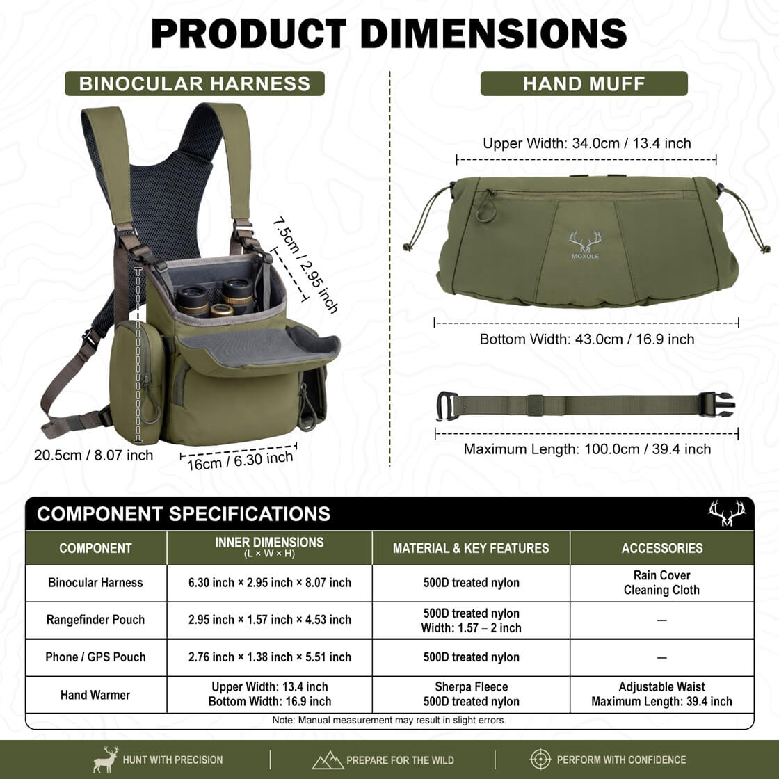 Green modular binocular chest pack dimensions and specs chart, including harness, hand muff, and accessory details for hunting use.