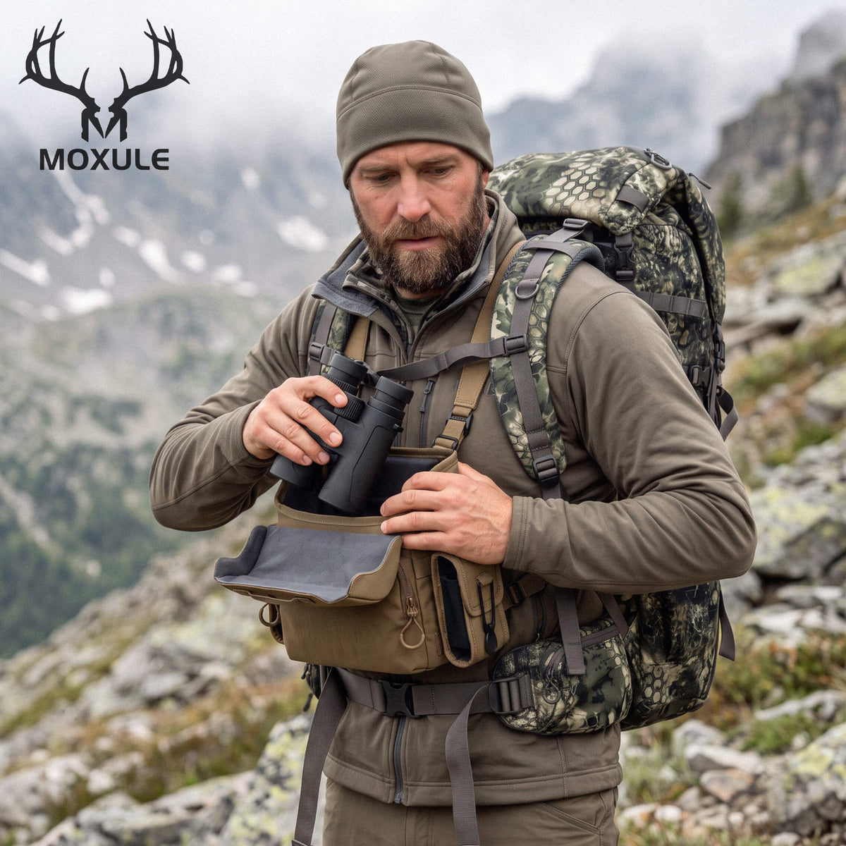 Moxule R2 Pro Bino Harness Field Shot With Camo Hunting Backpack