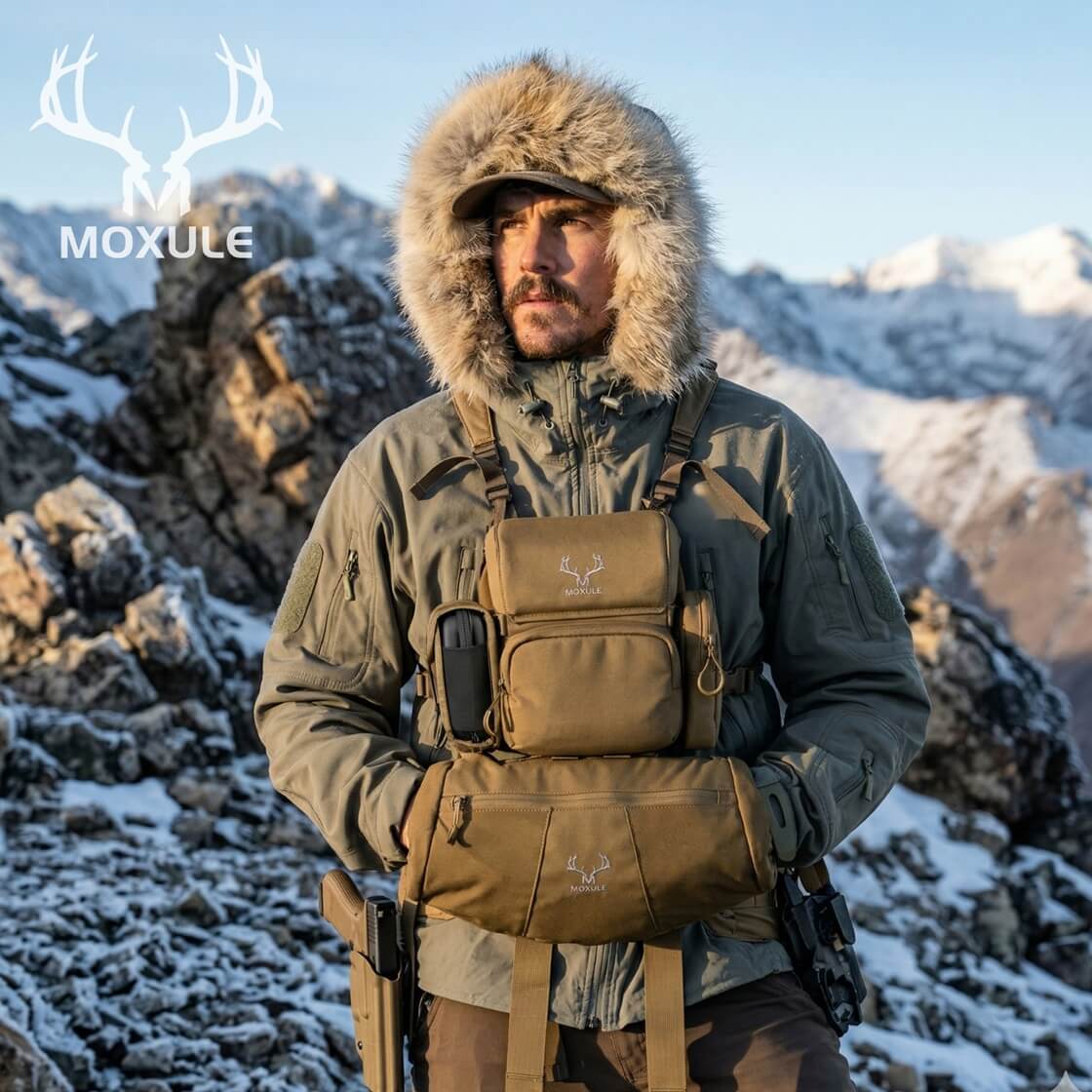 Hunter wearing Moxule coyote brown modular binocular chest pack with detachable hand muff in snowy mountain winter hunting scene.