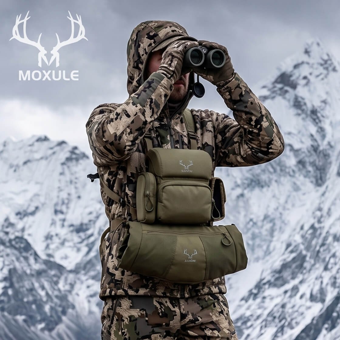 Hunter using binoculars with olive green Moxule modular chest pack and detachable hand muff in snowy mountain hunting terrain.