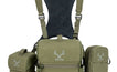 Moxule olive modular bino chest pack with detachable accessory pockets, silent binoculars harness for elk and backcountry hunting