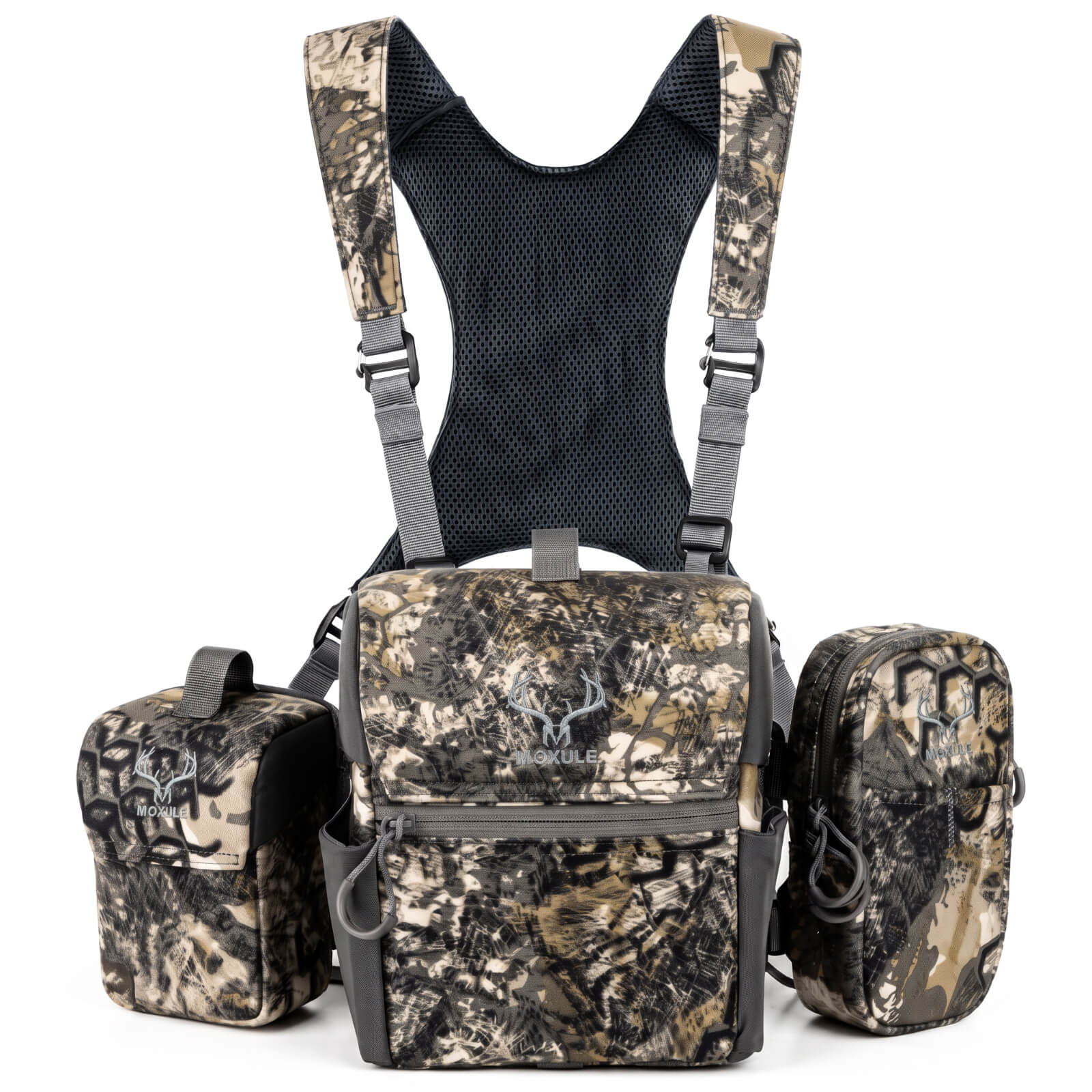 Camo Moxule modular bino chest harness with removable pouches for outdoor hunting