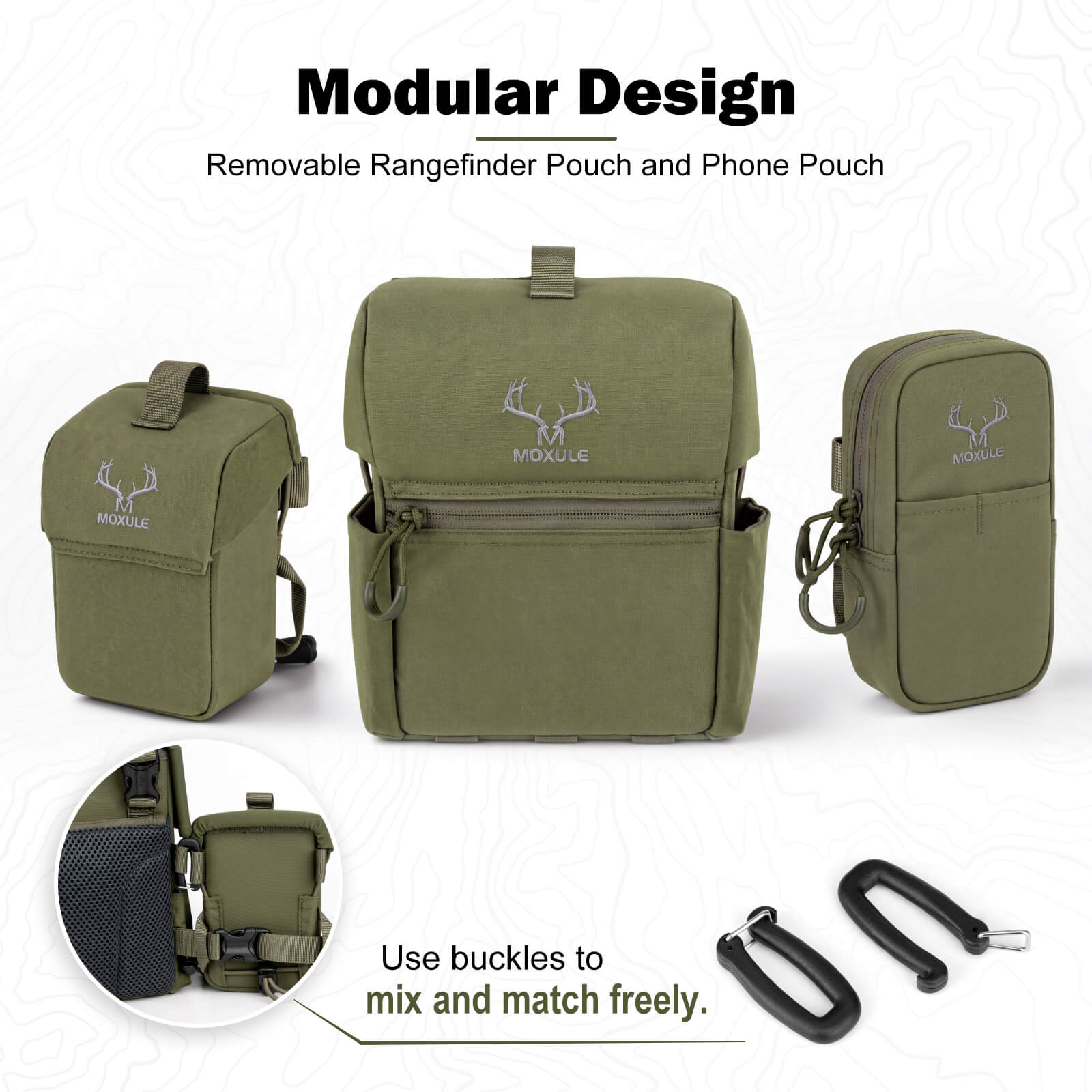 Moxule olive modular binocular harness components, removable rangefinder pouch and phone pouch, mix and match hunting accessory pockets