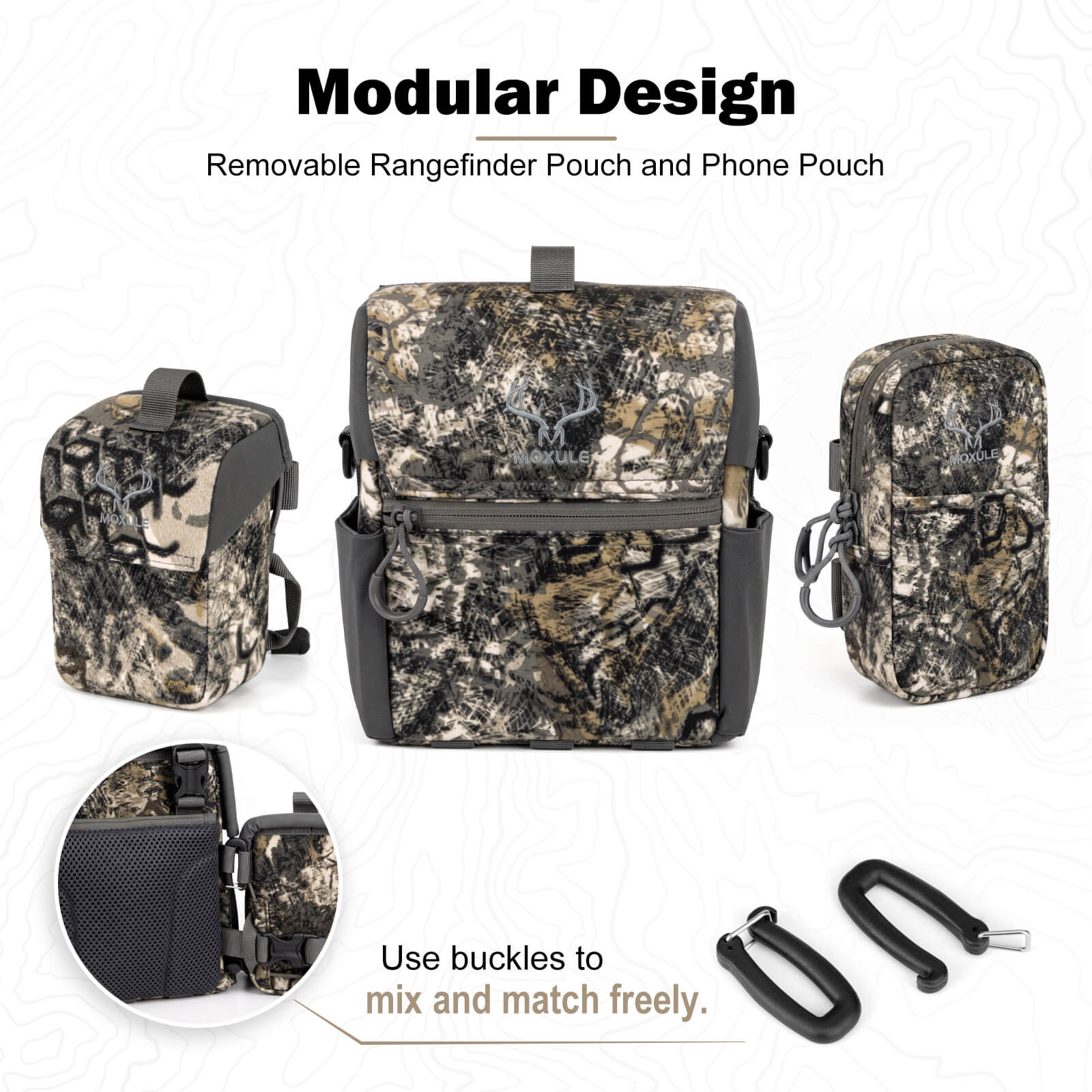 Moxule Modular Camo Bino Harness with Detachable Rangefinder & Phone Pouches
