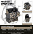 Product size infographic for Moxule camouflage modular bino harness, dimensions of binocular pack, rangefinder pouch and phone pouch for hunting