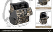 Product size infographic for Moxule camouflage modular bino harness, dimensions of binocular pack, rangefinder pouch and phone pouch for hunting