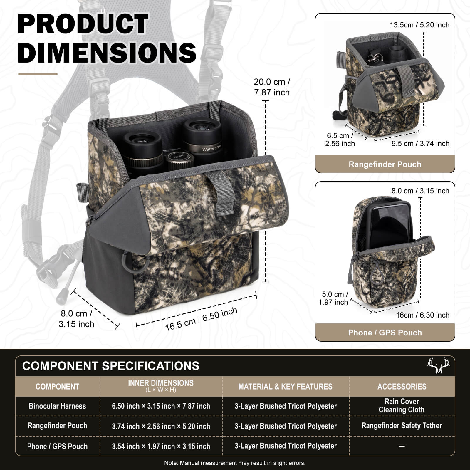 Product size infographic for Moxule camouflage modular bino harness, dimensions of binocular pack, rangefinder pouch and phone pouch for hunting